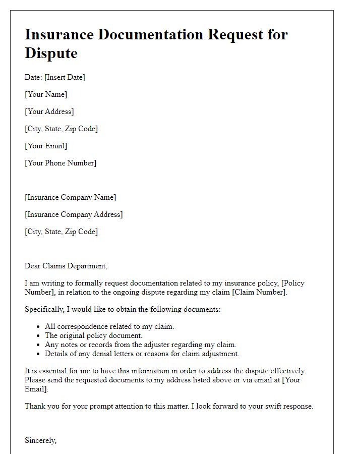 Letter template of insurance documentation request for dispute