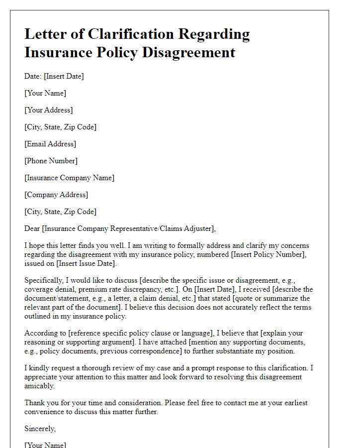 Letter template of insurance policy disagreement clarification