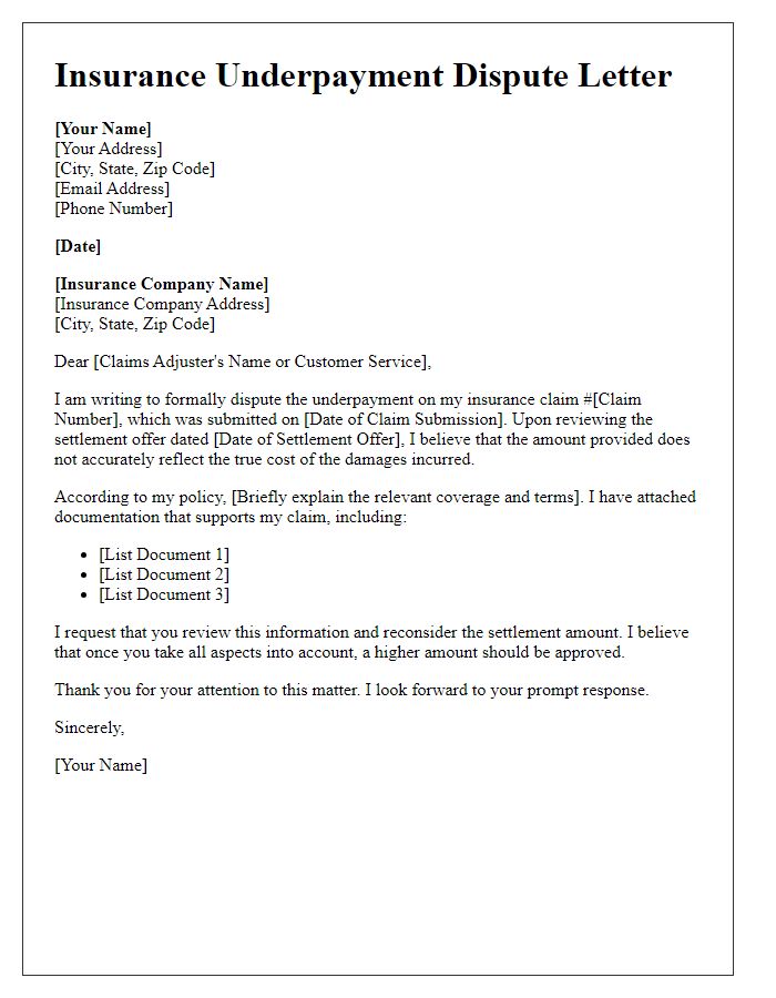 Letter template of insurance underpayment dispute