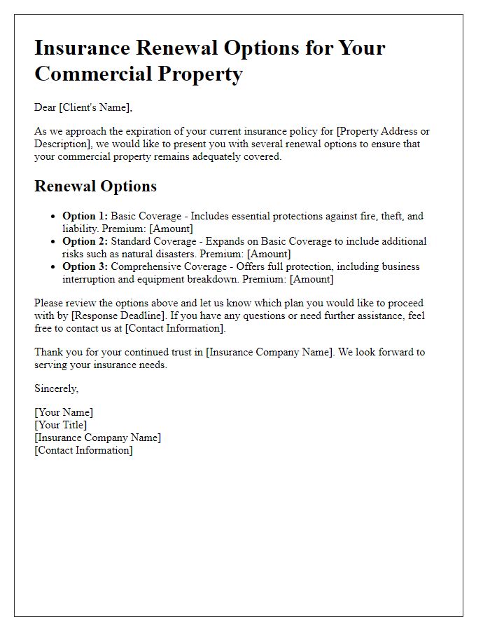 Letter template of insurance renewal options for commercial property