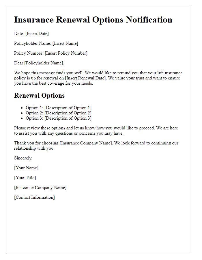 Letter template of insurance renewal options for life insurance policies