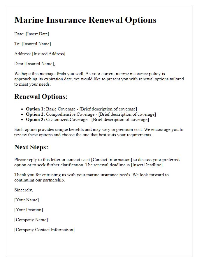 Letter template of insurance renewal options for marine insurance