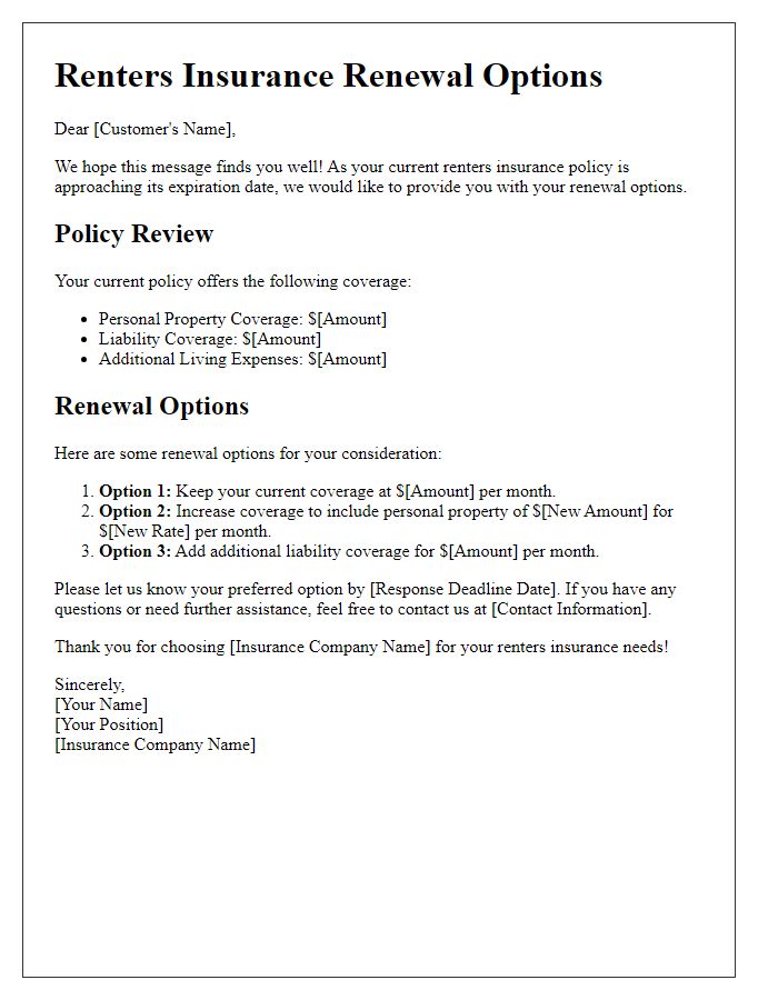 Letter template of insurance renewal options for renters insurance