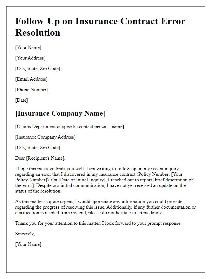 Letter template of follow-up on insurance contract error resolution.