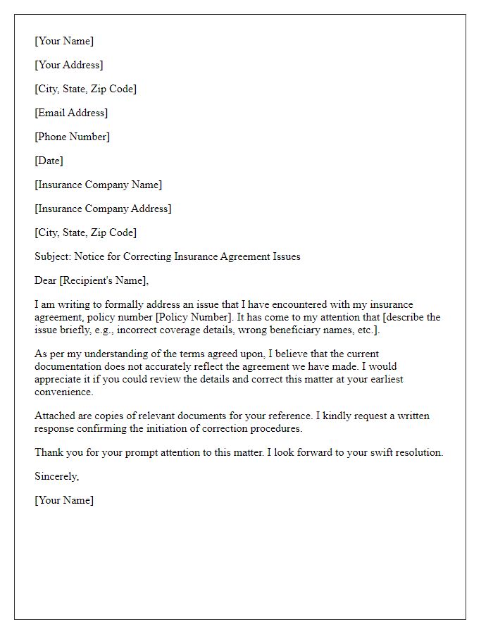 Letter template of formal notice for correcting insurance agreement issues.