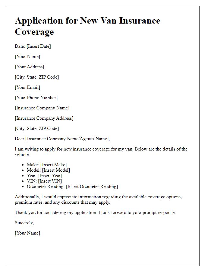 Letter template of application for new van insurance coverage