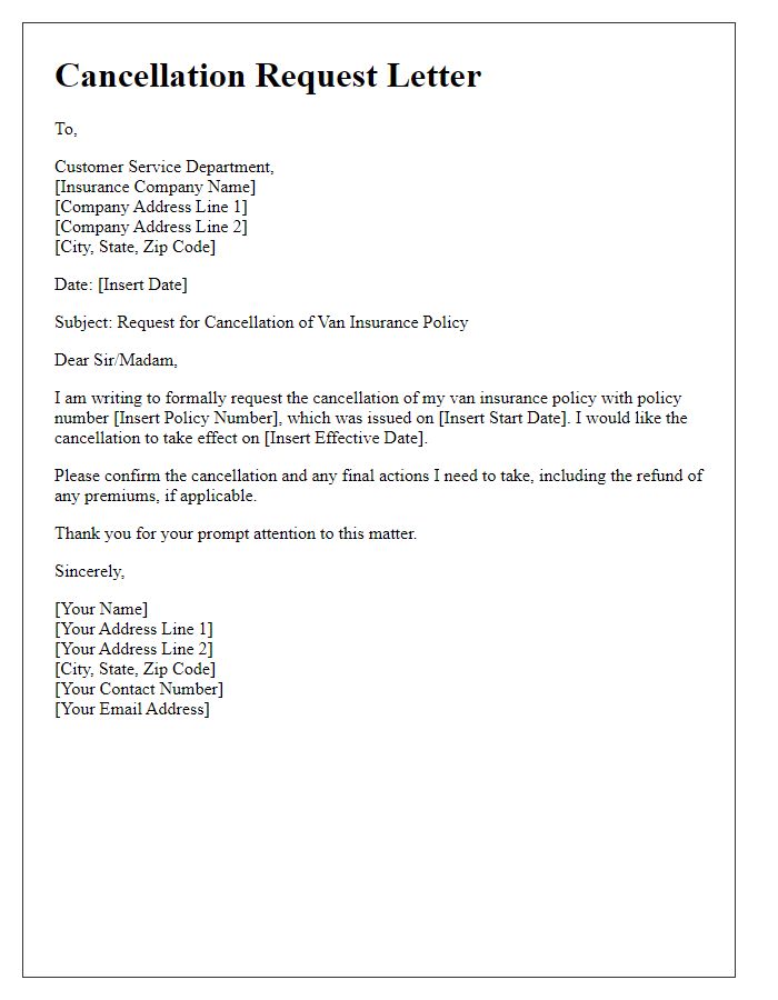 Letter template of cancellation request for van insurance policy