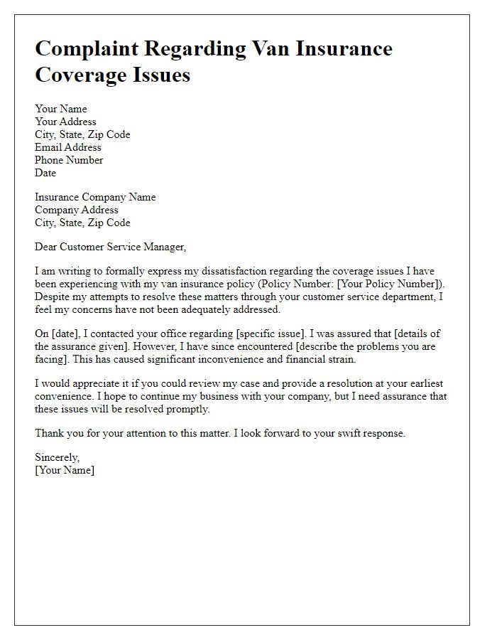 Letter template of complaint about van insurance coverage issues