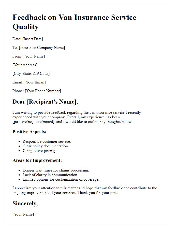 Letter template of feedback on van insurance service quality