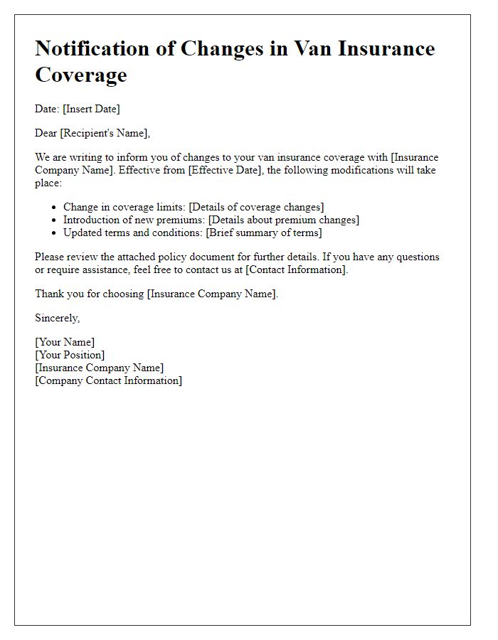 Letter template of notification for changes in van insurance coverage