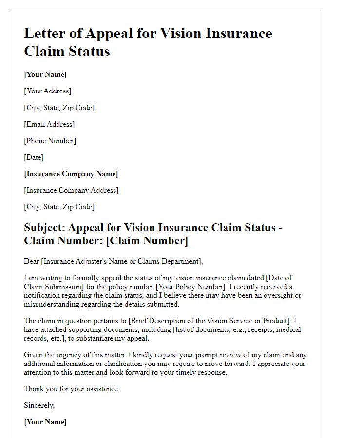 Letter template of appeal for vision insurance claim status