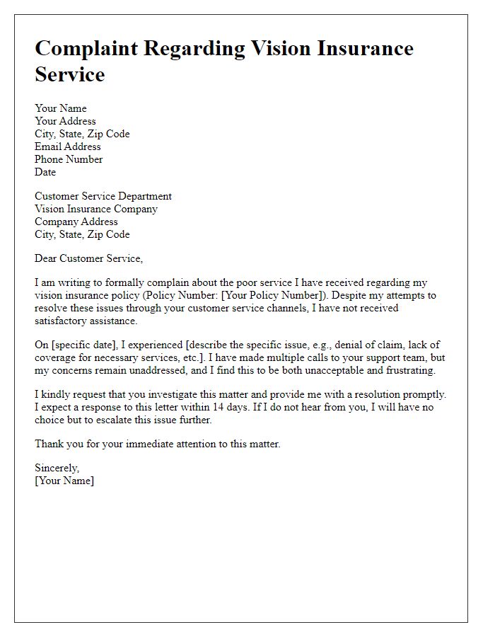 Letter template of complaint regarding vision insurance service