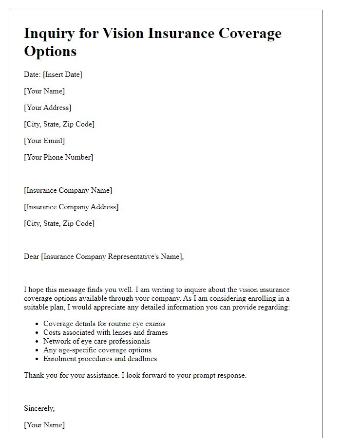 Letter template of inquiry for vision insurance coverage options