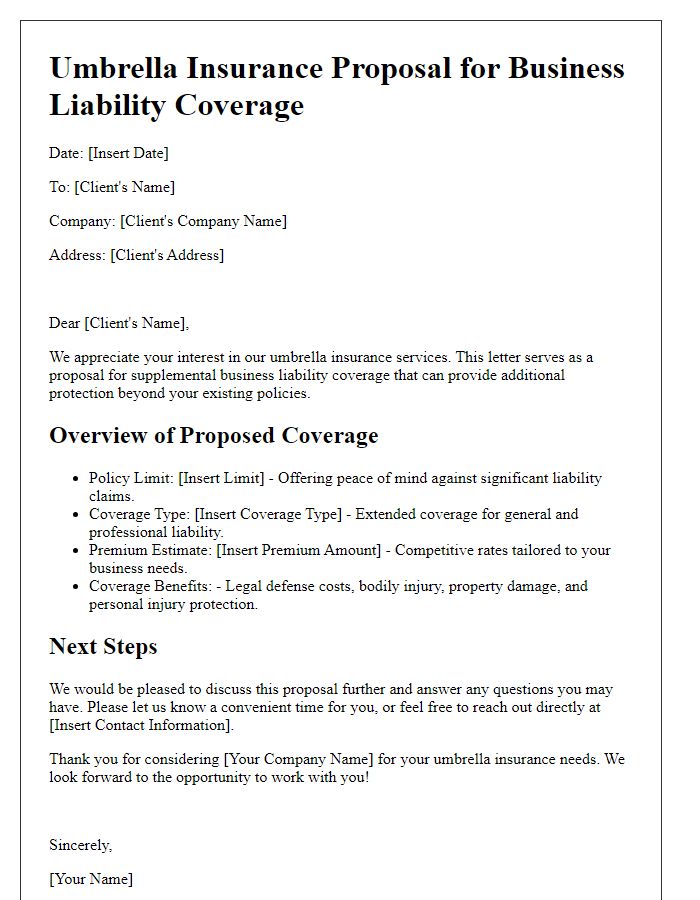 Letter template of umbrella insurance proposal for business liability coverage.