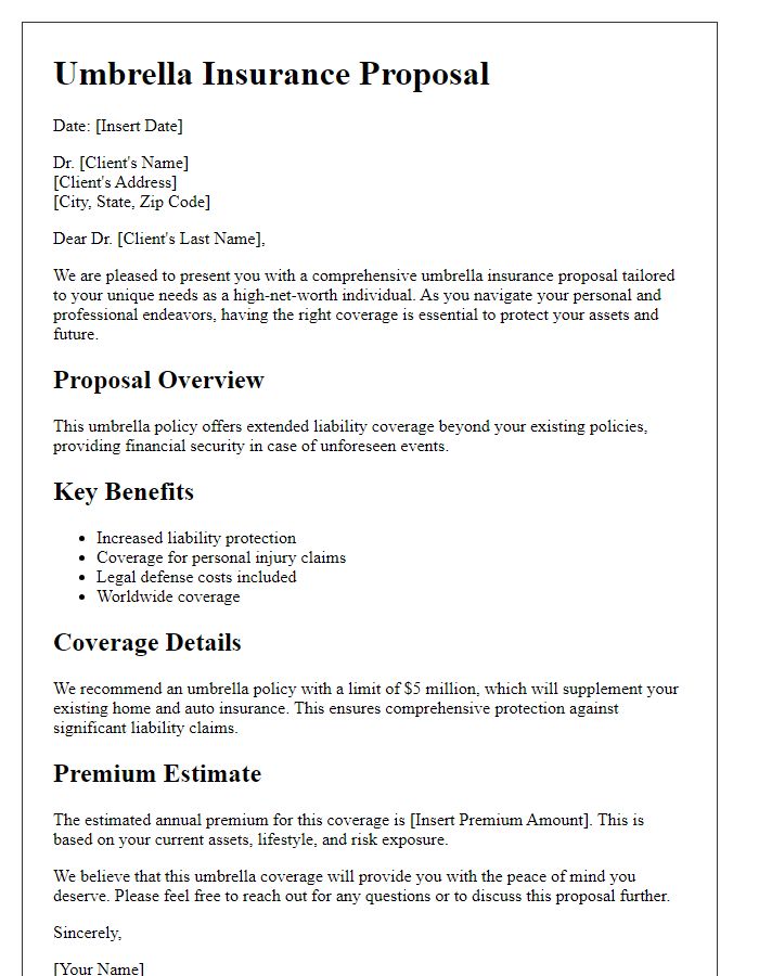 Letter template of umbrella insurance proposal for high-net-worth individuals.