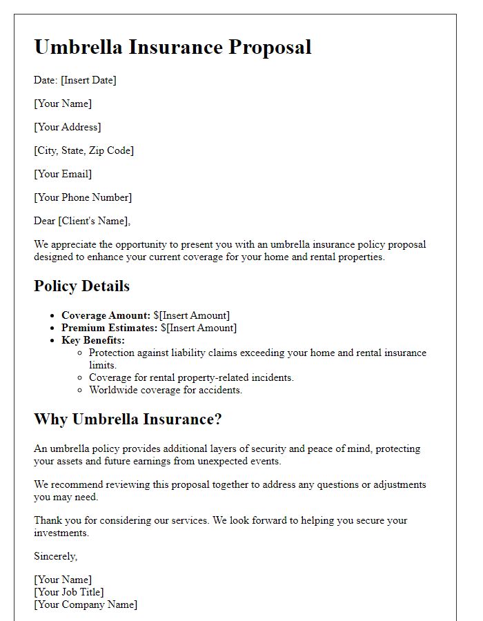 Letter template of umbrella insurance proposal for homeowners with rental properties.