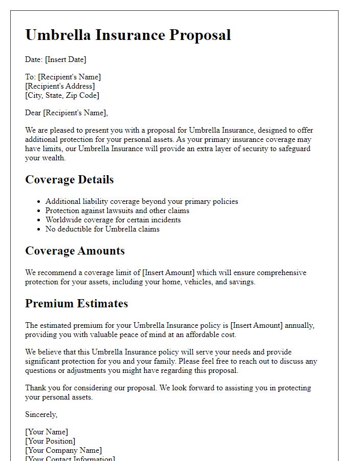 Letter template of umbrella insurance proposal for personal assets protection.