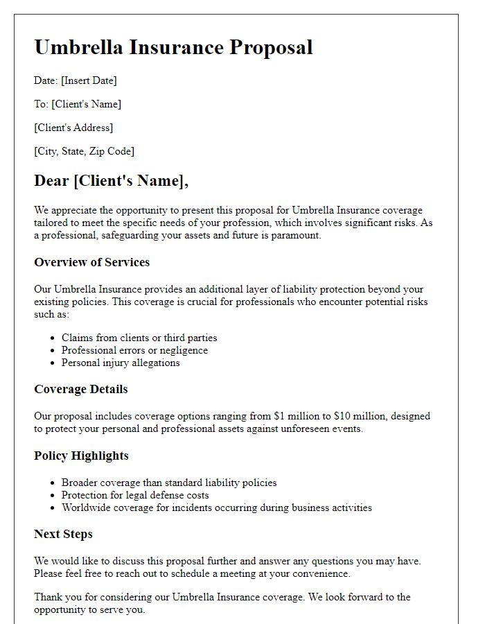 Letter template of umbrella insurance proposal for professionals with significant risks.