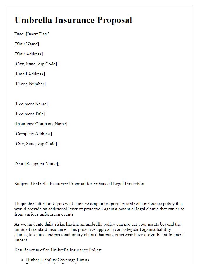 Letter template of umbrella insurance proposal for protecting against legal claims.