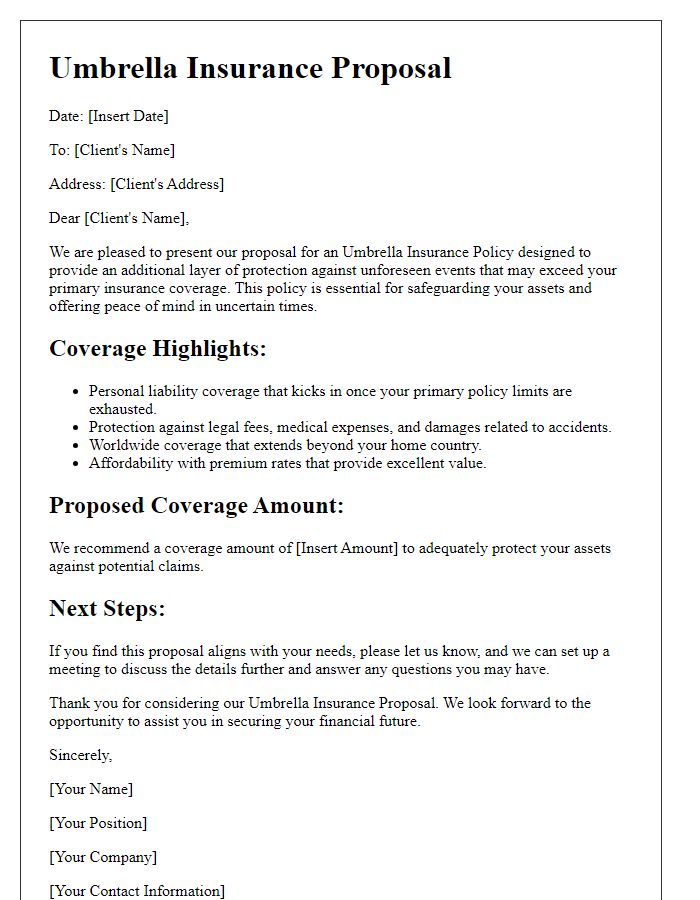 Letter template of umbrella insurance proposal for safeguarding against unforeseen events.