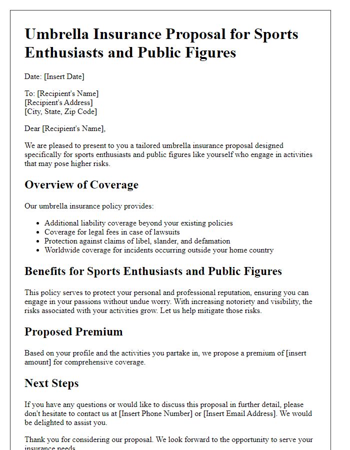 Letter template of umbrella insurance proposal for sports enthusiasts and public figures.