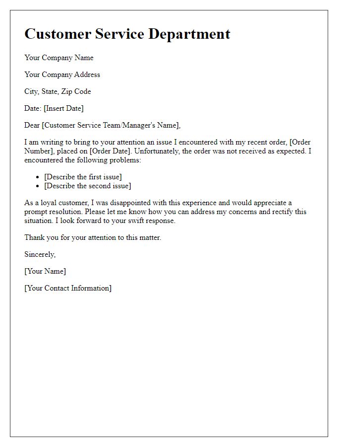 Letter template for addressing unsatisfactory order error