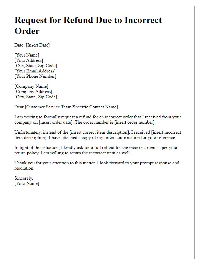 Letter template of appeal for refund due to incorrect order