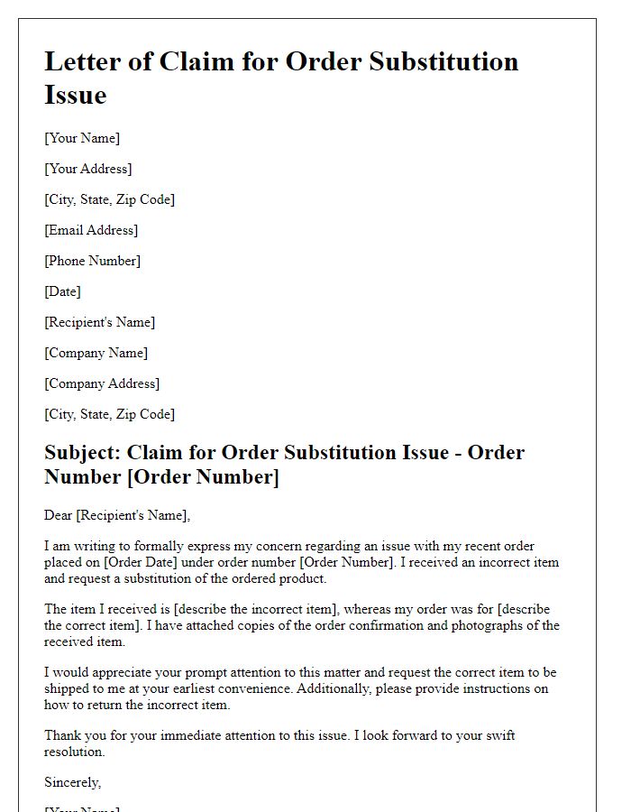 Letter template of claim for order substitution issue