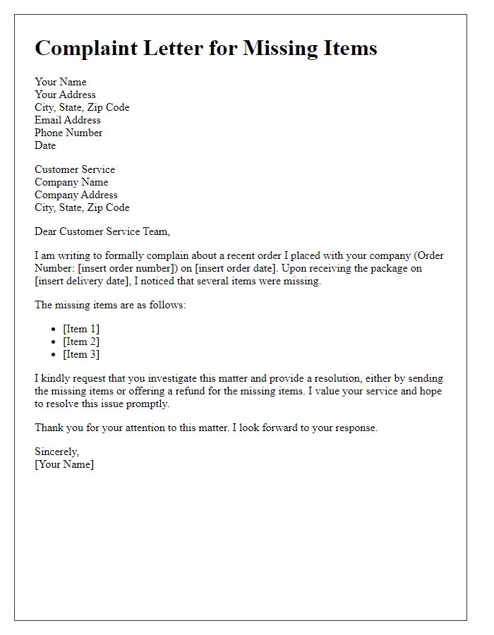 Letter template of complaint for missing items in an order