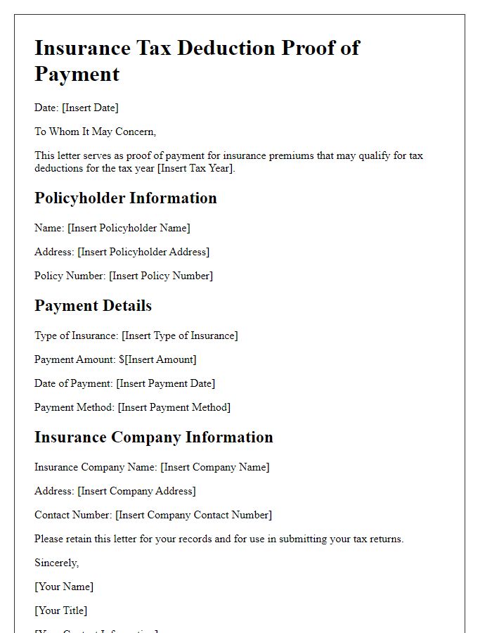 Letter template of insurance tax deduction proof of payment for tax returns.