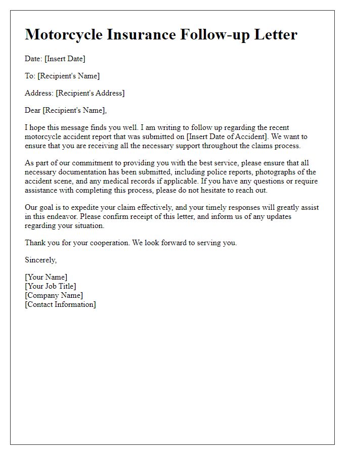 Letter template of motorcycle insurance follow-up regarding accident reporting process