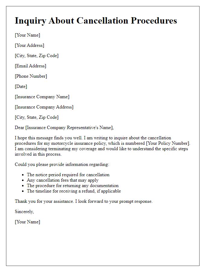 Letter template of motorcycle insurance question on cancellation procedures