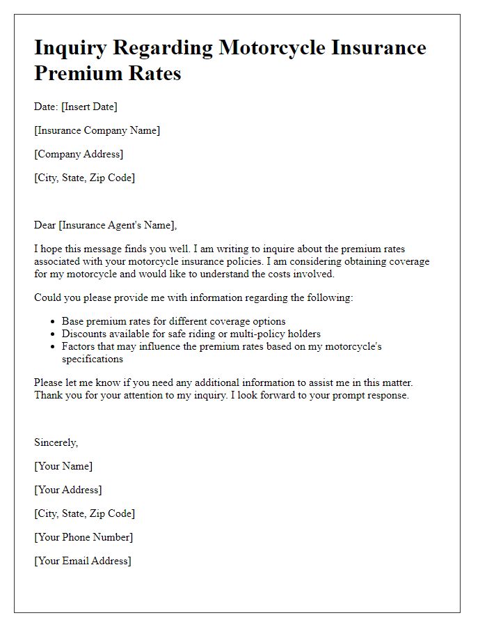 Letter template of motorcycle insurance question regarding premium rates