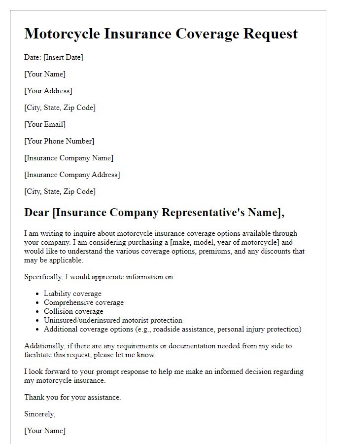 Letter template of motorcycle insurance request for coverage options