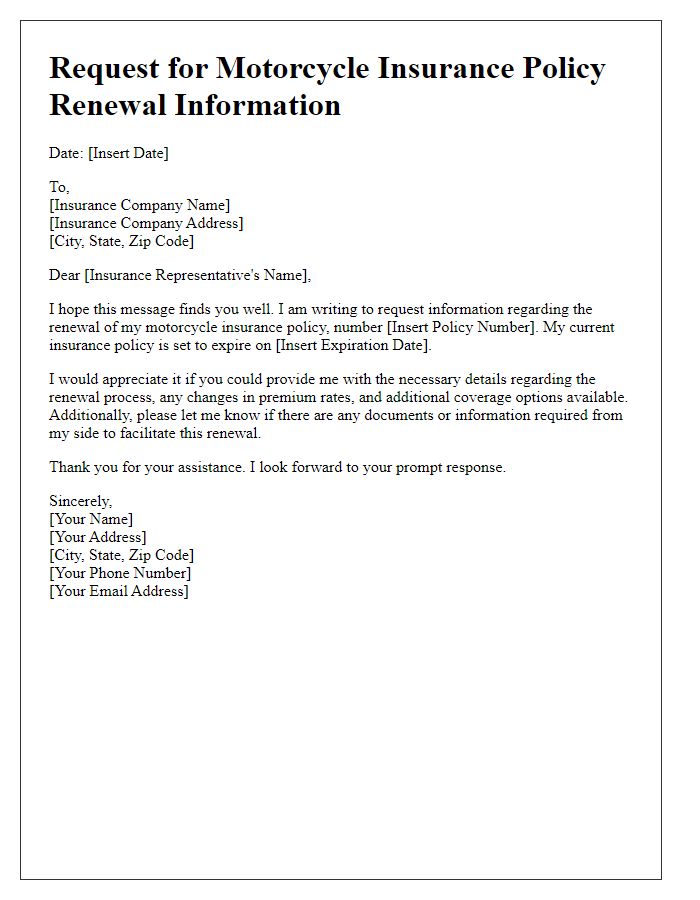 Letter template of motorcycle insurance request for policy renewal information