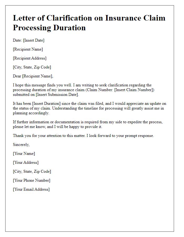 Letter template of clarification on insurance claim processing duration