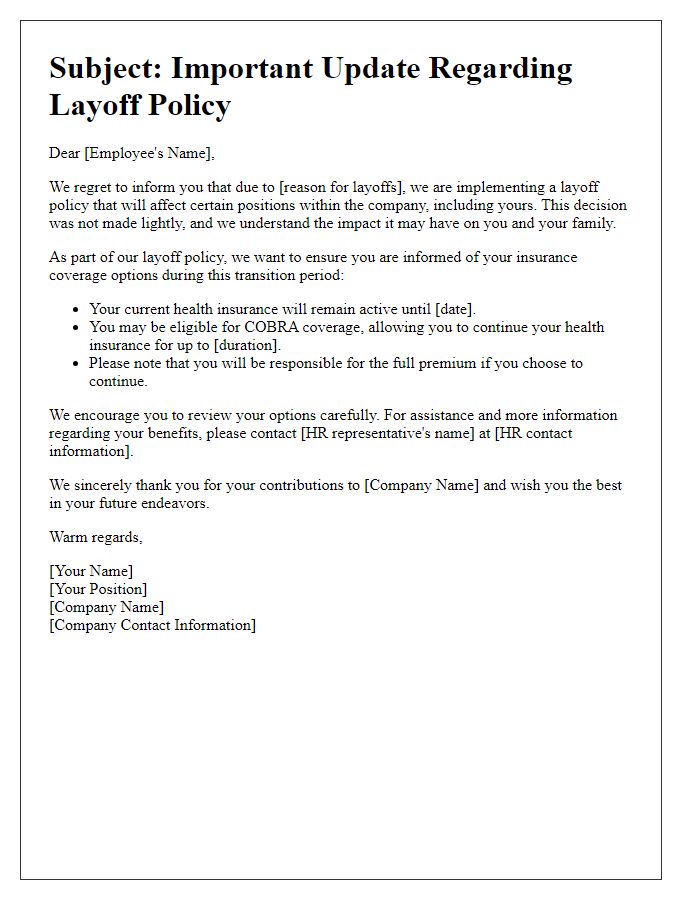 Letter template of insurance layoff policy communication for affected employees