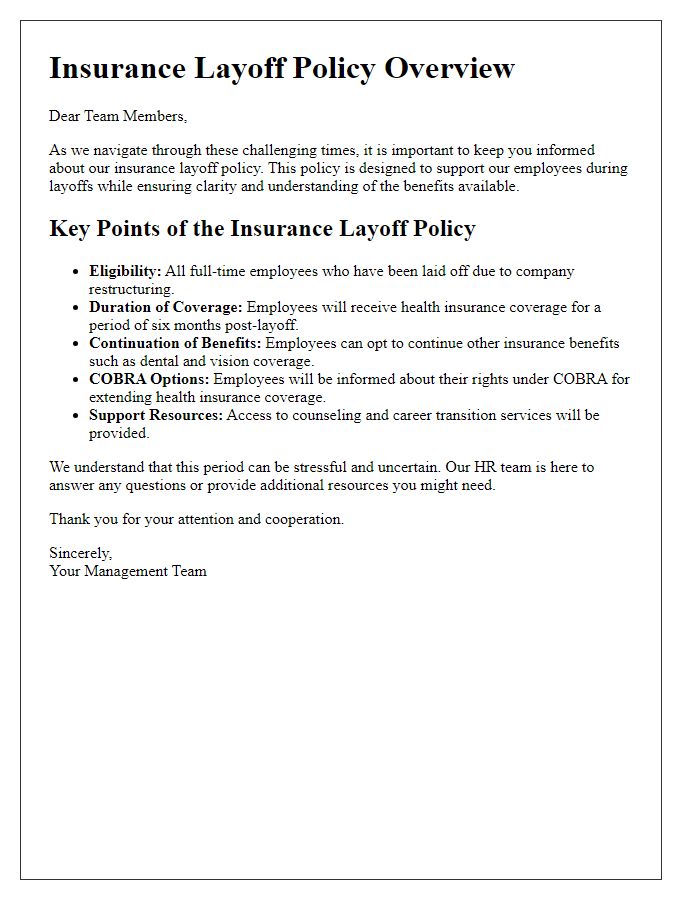 Letter template of insurance layoff policy overview for team members