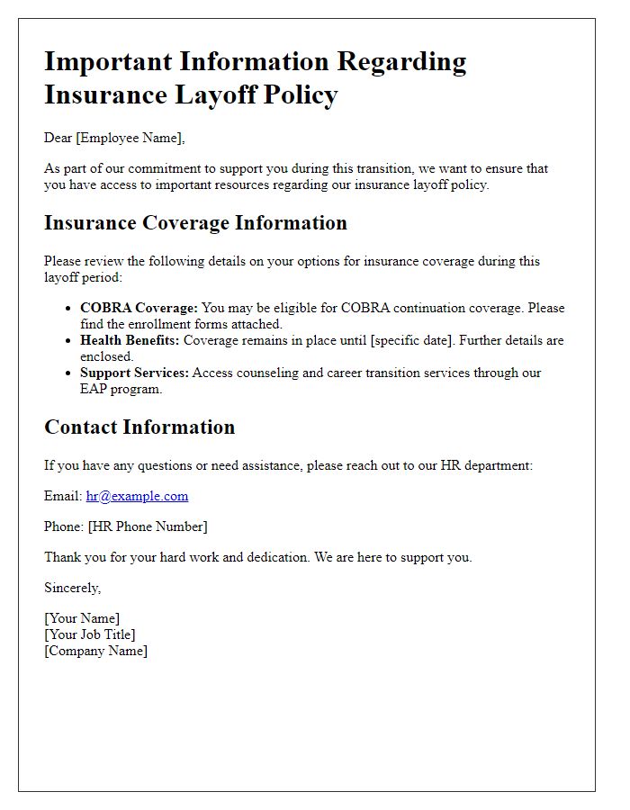 Letter template of insurance layoff policy resources for employees