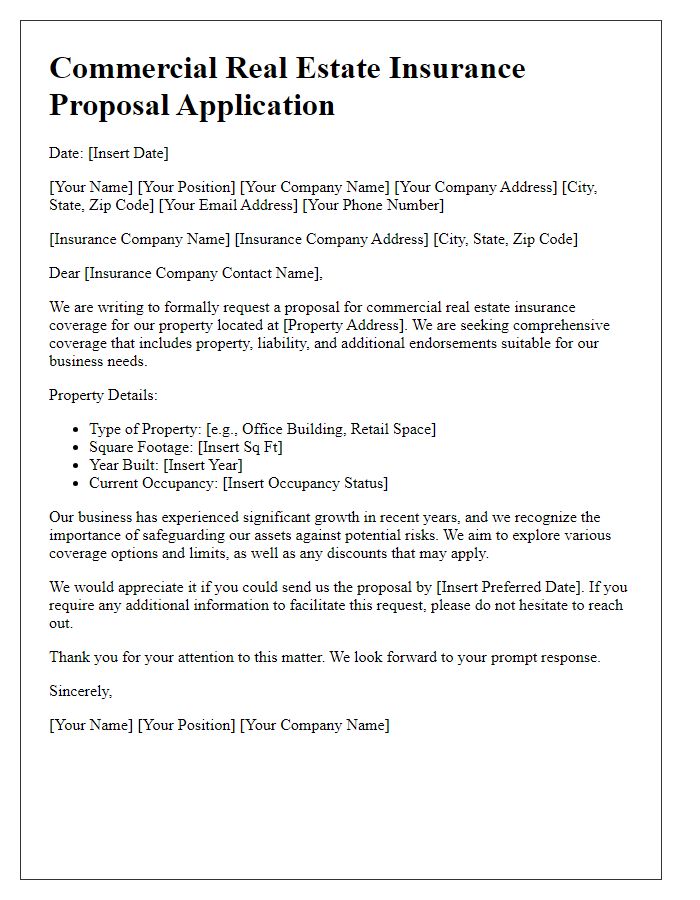 Letter template of application for commercial real estate insurance proposal