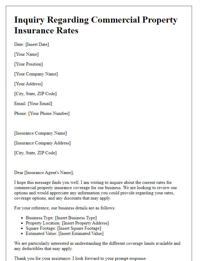 Letter template of inquiry regarding rates for commercial property insurance