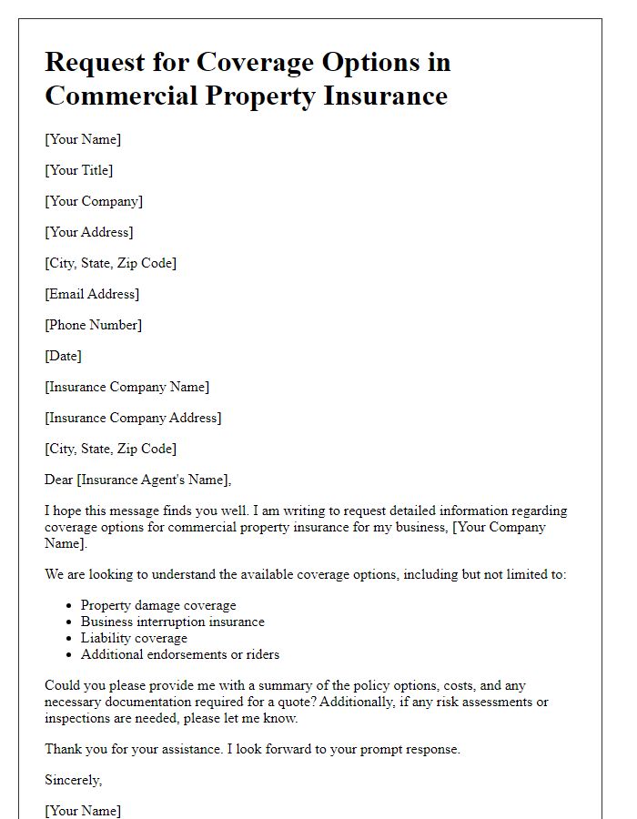 Letter template of request for coverage options in commercial property insurance