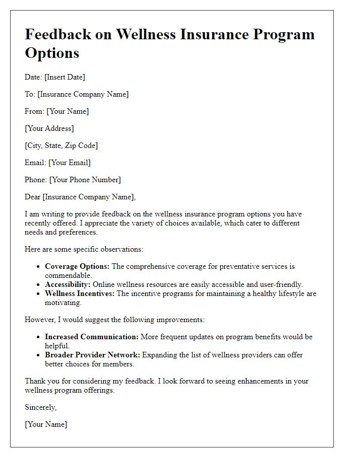 Letter template of feedback on wellness insurance program options