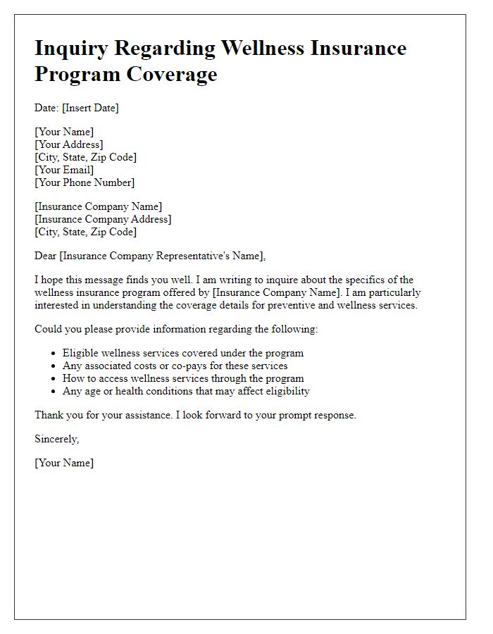 Letter template of inquiry regarding wellness insurance program coverage