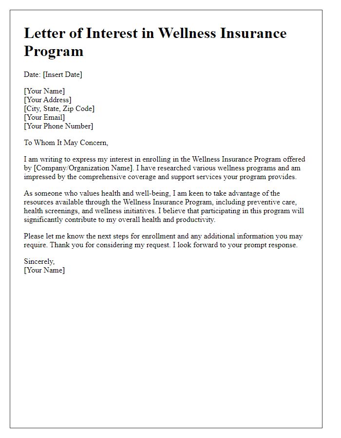 Letter template of interest in enrolling in wellness insurance program