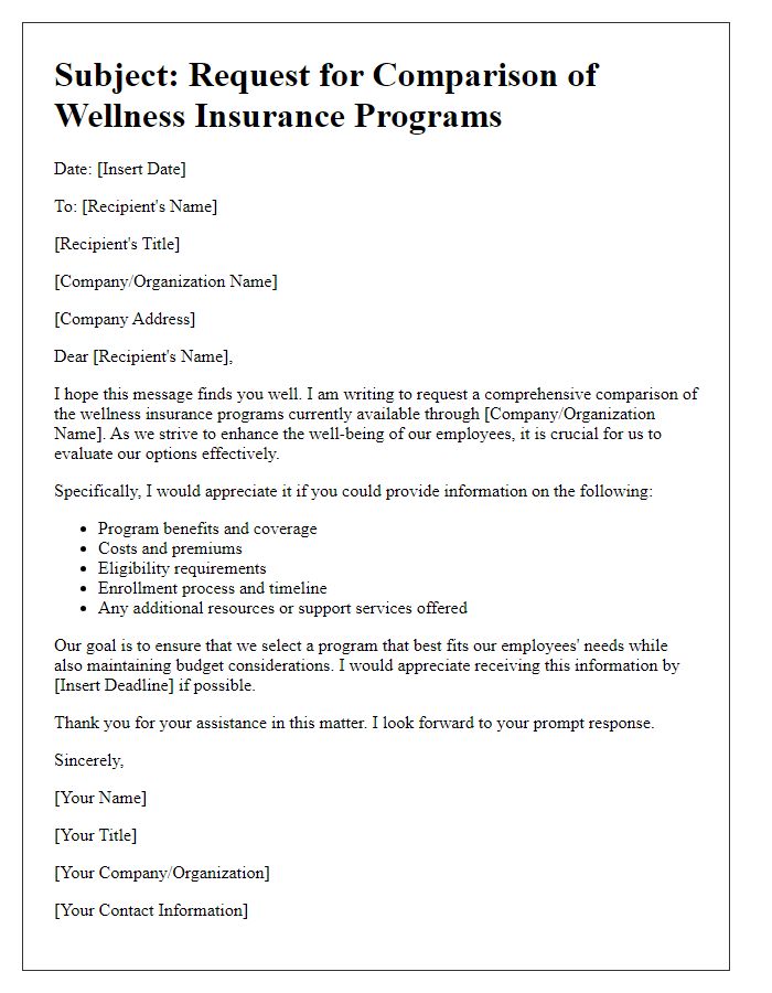 Letter template of request for wellness insurance program comparison