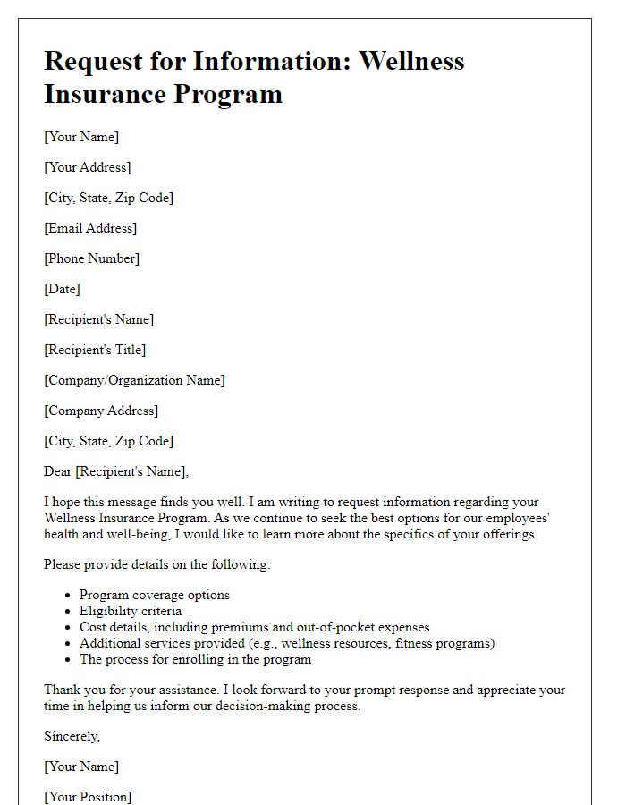 Letter template of wellness insurance program request for information