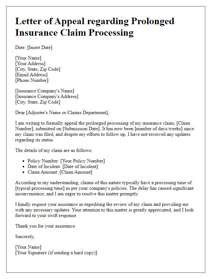 Letter template of appeal regarding prolonged insurance claim processing