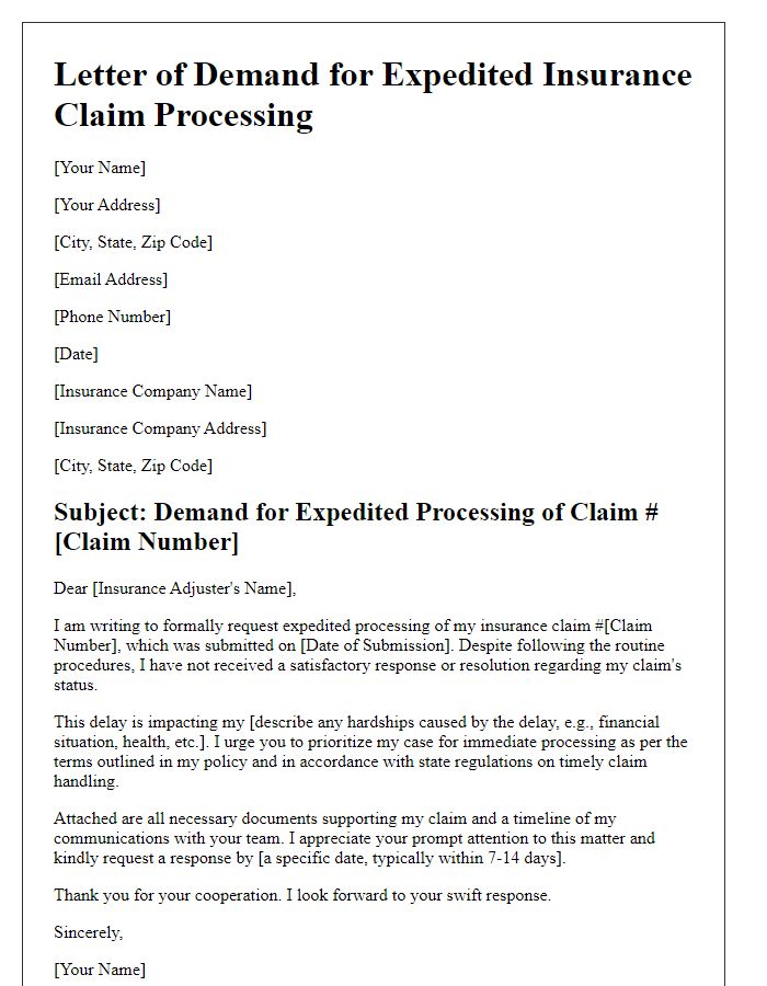 Letter template of demand for expedited insurance claim processing