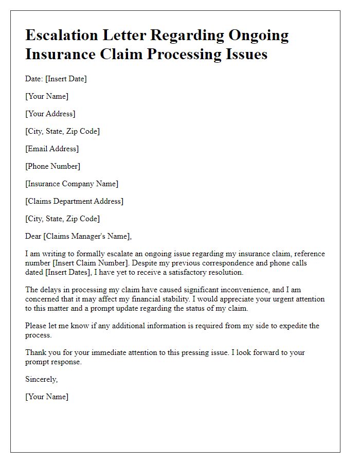 Letter template of escalation regarding ongoing insurance claim processing issues